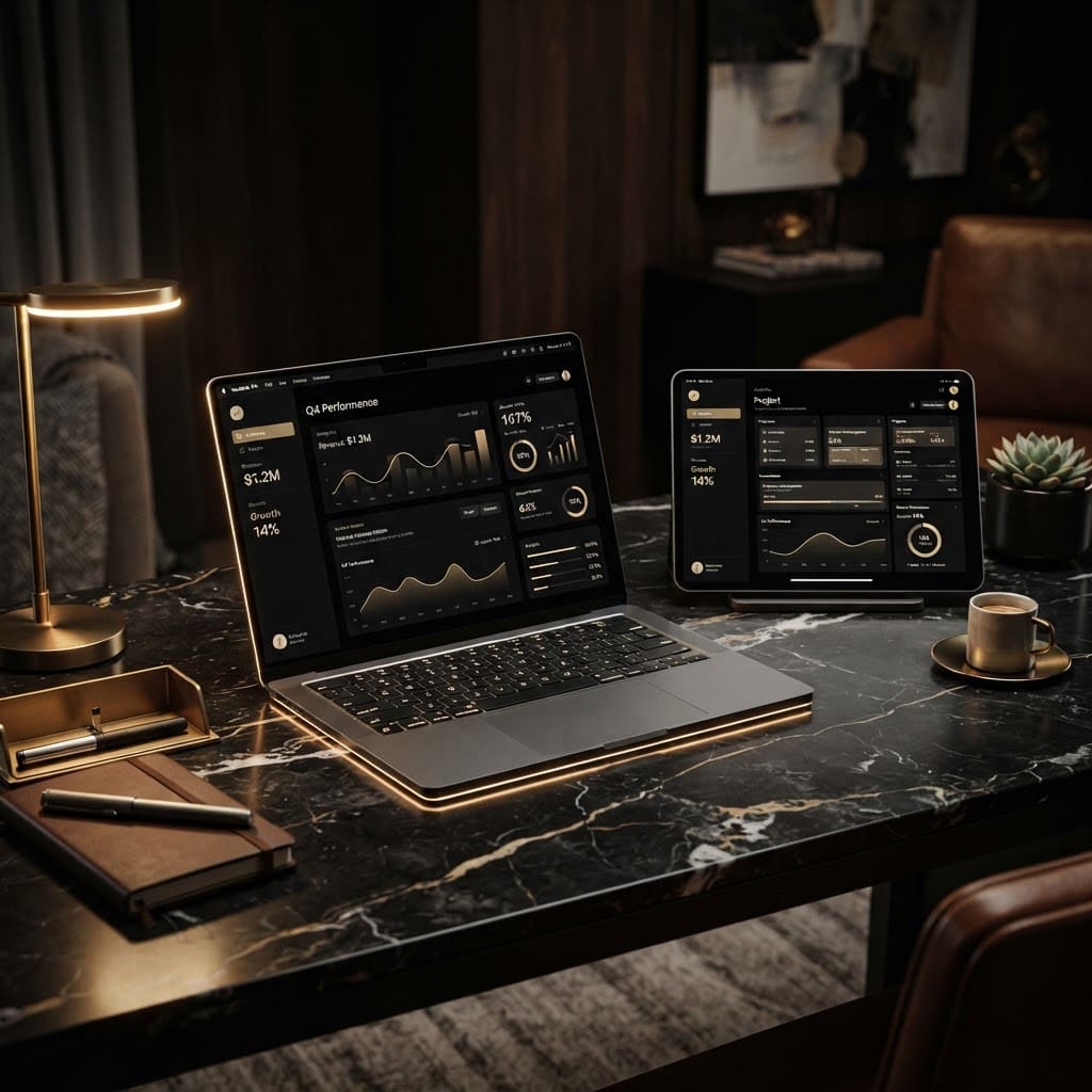 Sleek laptop and tablet showing a minimal dark restaurant dashboard on a dark marble desk