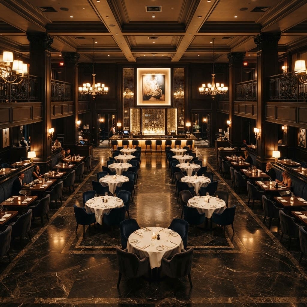 Elevated view of an upscale restaurant dining hall with arranged tables