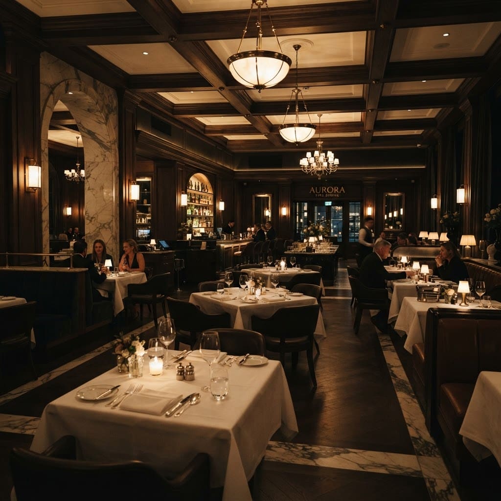 Interior of a luxurious fine-dining restaurant at night with warm golden lighting