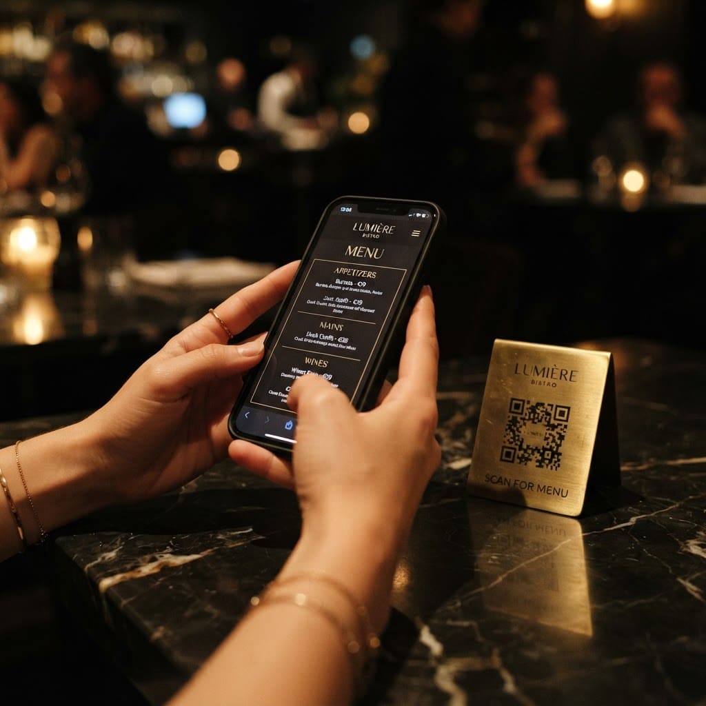 Guest browsing an elegant digital restaurant menu on a smartphone beside a QR code stand